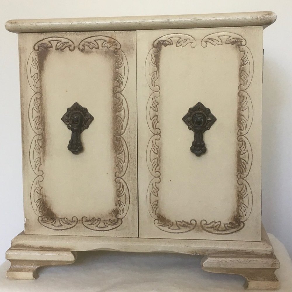 1970's Vintage Jewelry Box Armoire/Music Box, Distressed/Antiqued Wood finish